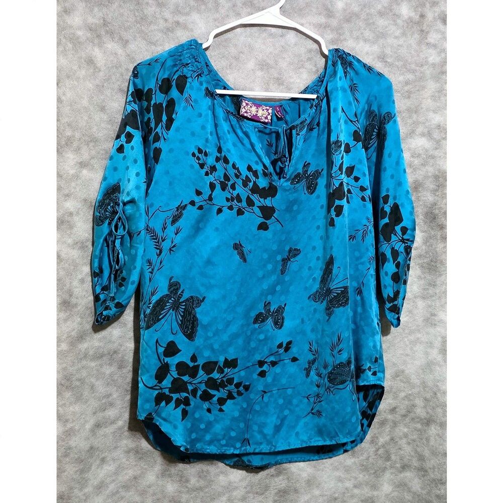 Yumi Kim Silk Blouse Top Blue & Black Butterflies Foliage Boho Luxe Size S